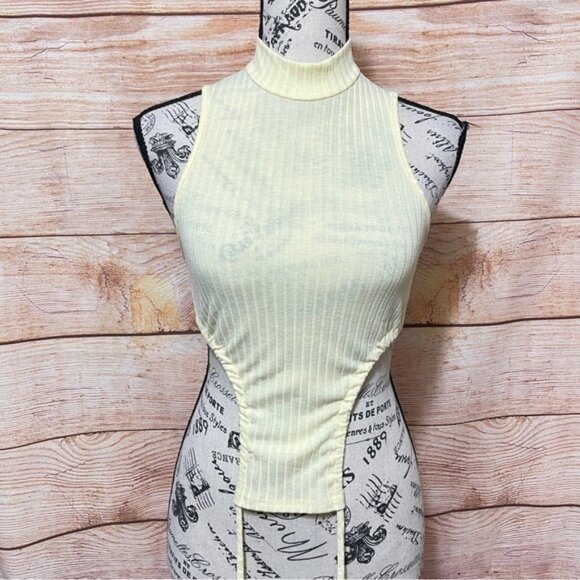 Shein Sleeveless Mock Neck Two Sided Ribbed Yellow Tank Top Size Small - Picture 1 of 7